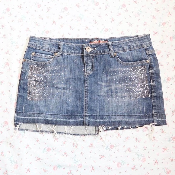 Dresses & Skirts - rhinestone denim mini skirt y2k mcbling raw hem jean skirt
